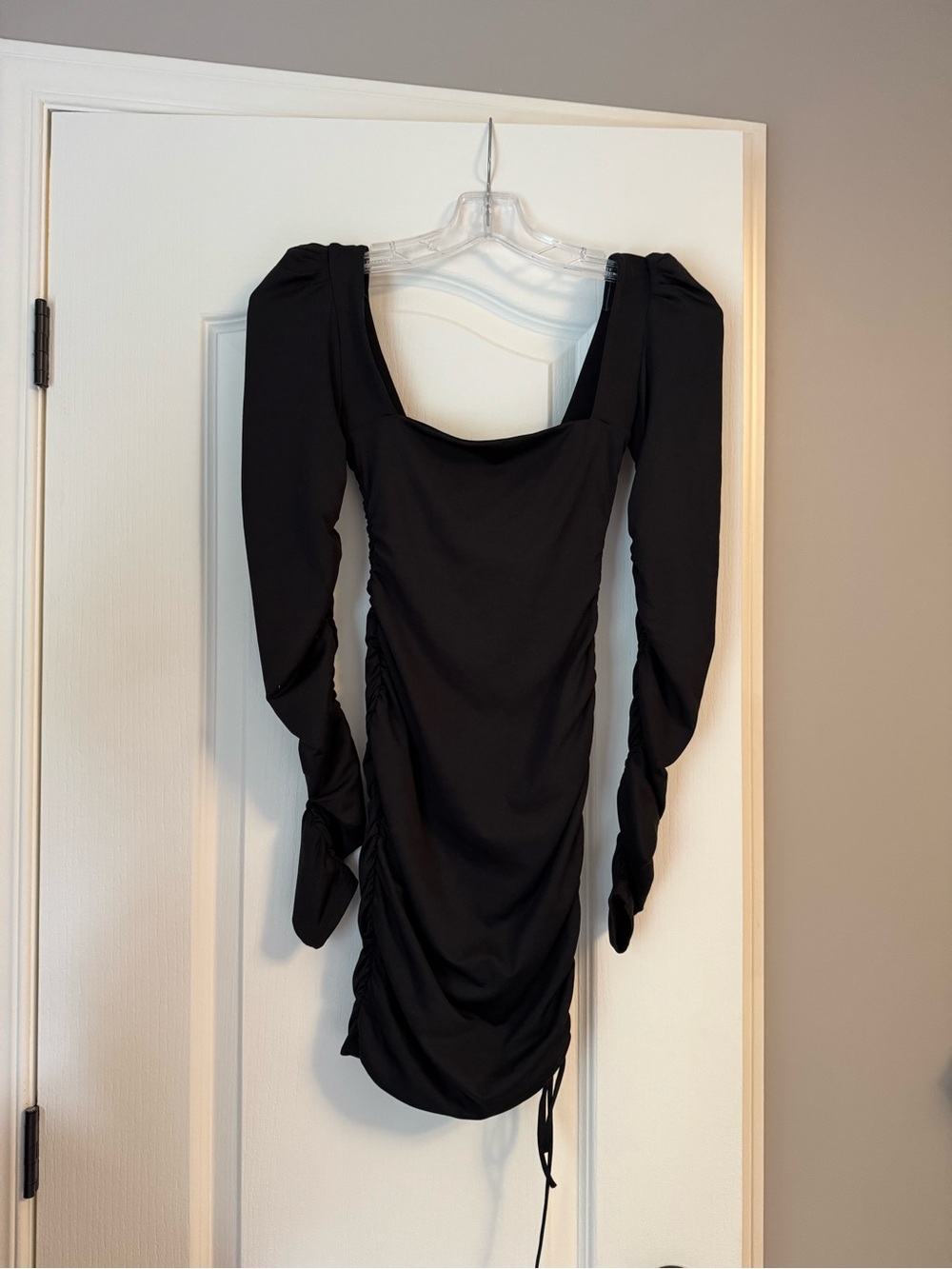 Oh Polly Black Ruched Long Sleeve Mini Dress with Square Neck